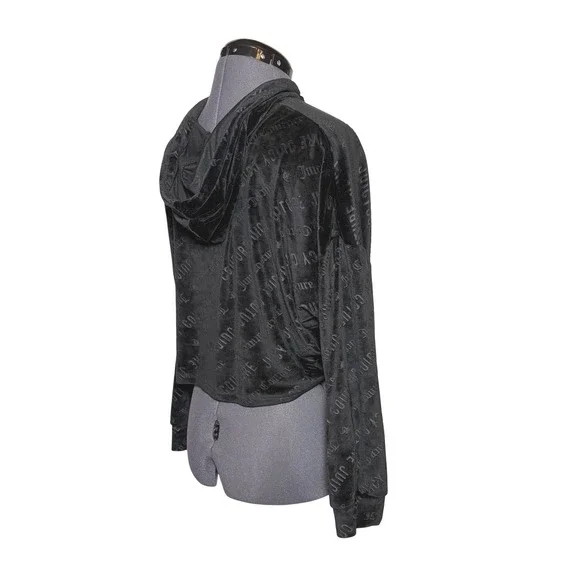 Vtg Y2K Juicy Couture Black Velour Logo Cropped Hoodie size M - Picture 11 of 12